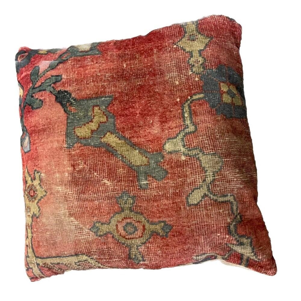 Pottery Barn Dara Velvet Pillow Red Blue Tan Key Floral Prnt 100% Cotton 20x20”